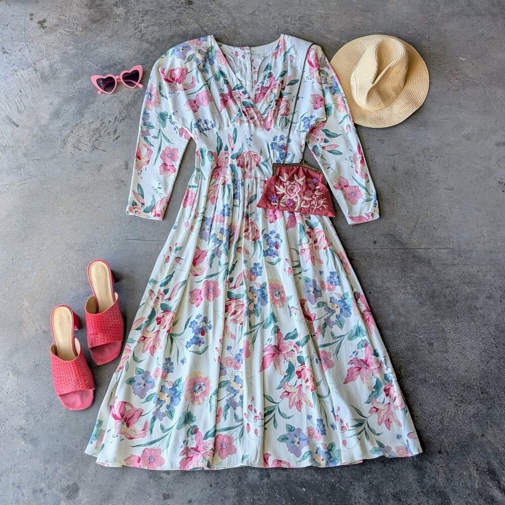 Vintage Dawn Joy Fashions Colorful Floral Long Sleeve Midi Dress size 9/10